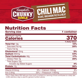 Campbell's Chunky Chili Mac Soup serving idea with steam and energy.