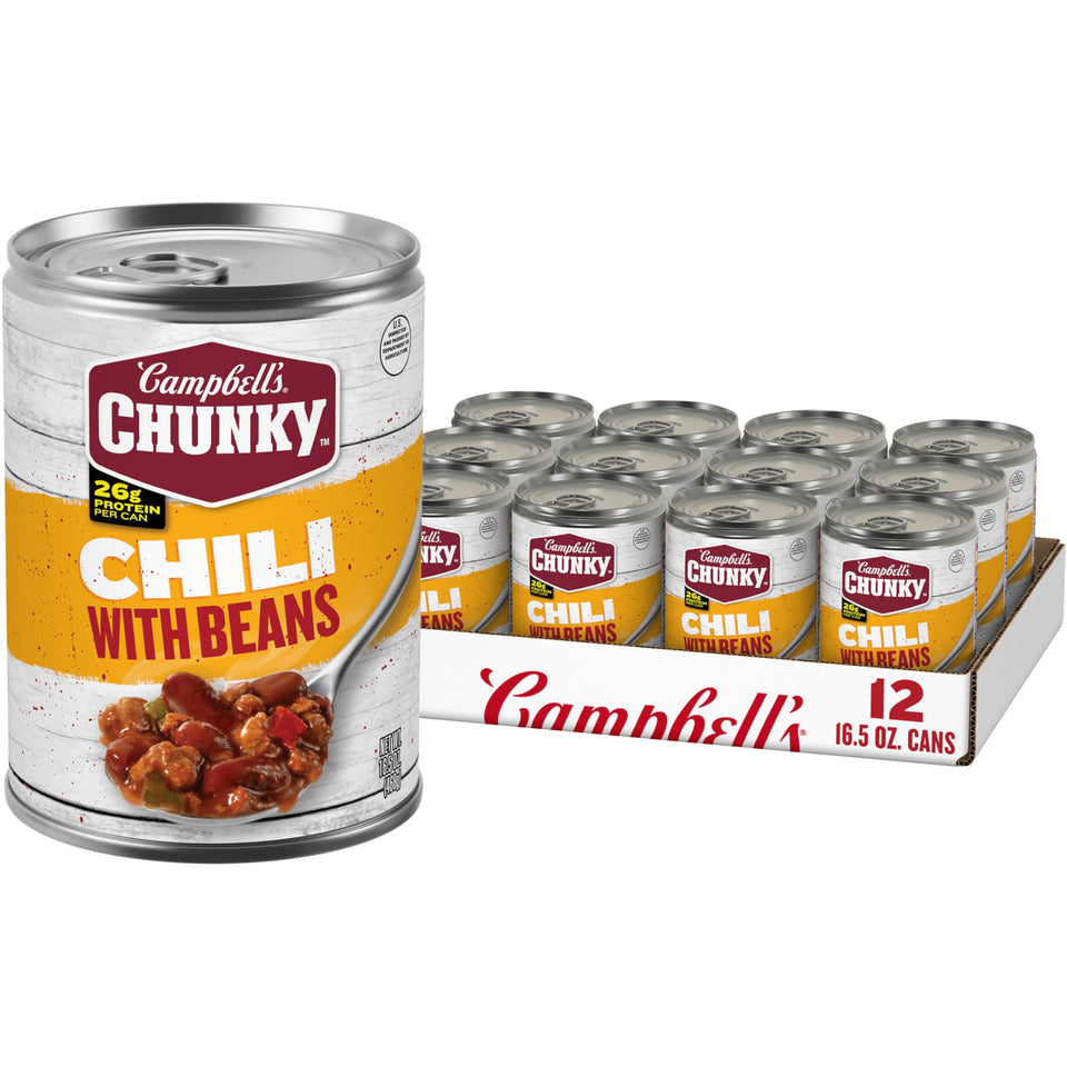 Campbell's Chunky chili with beans can 12-pack on pantry shelf