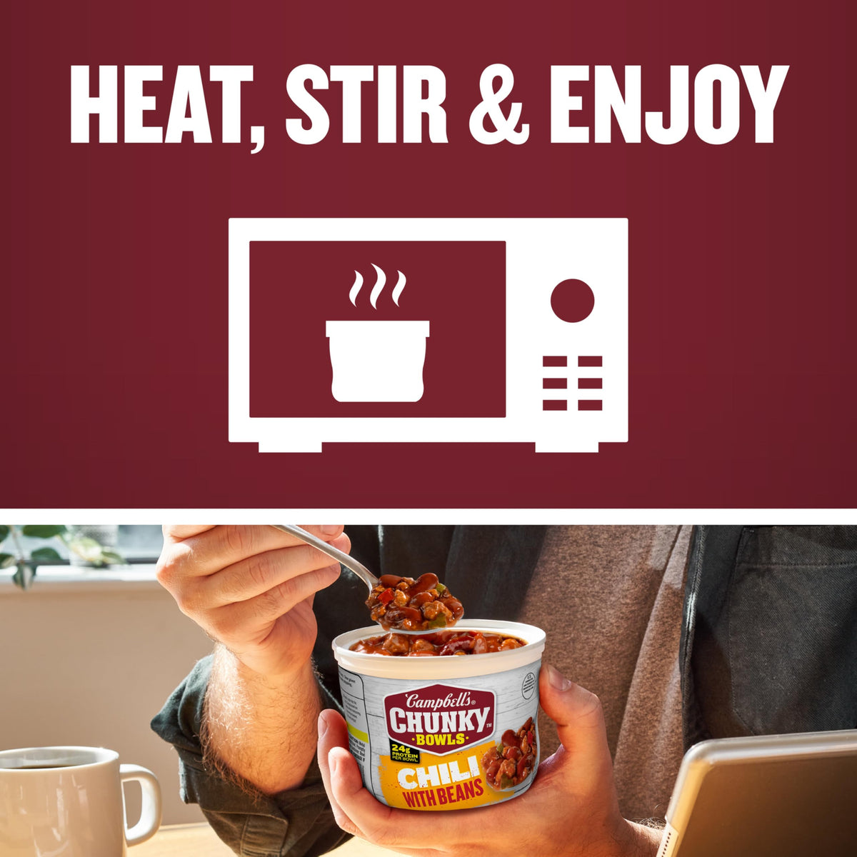 Eight-pack display of Campbell’s Chunky Chili with Beans for easy pantry stocking