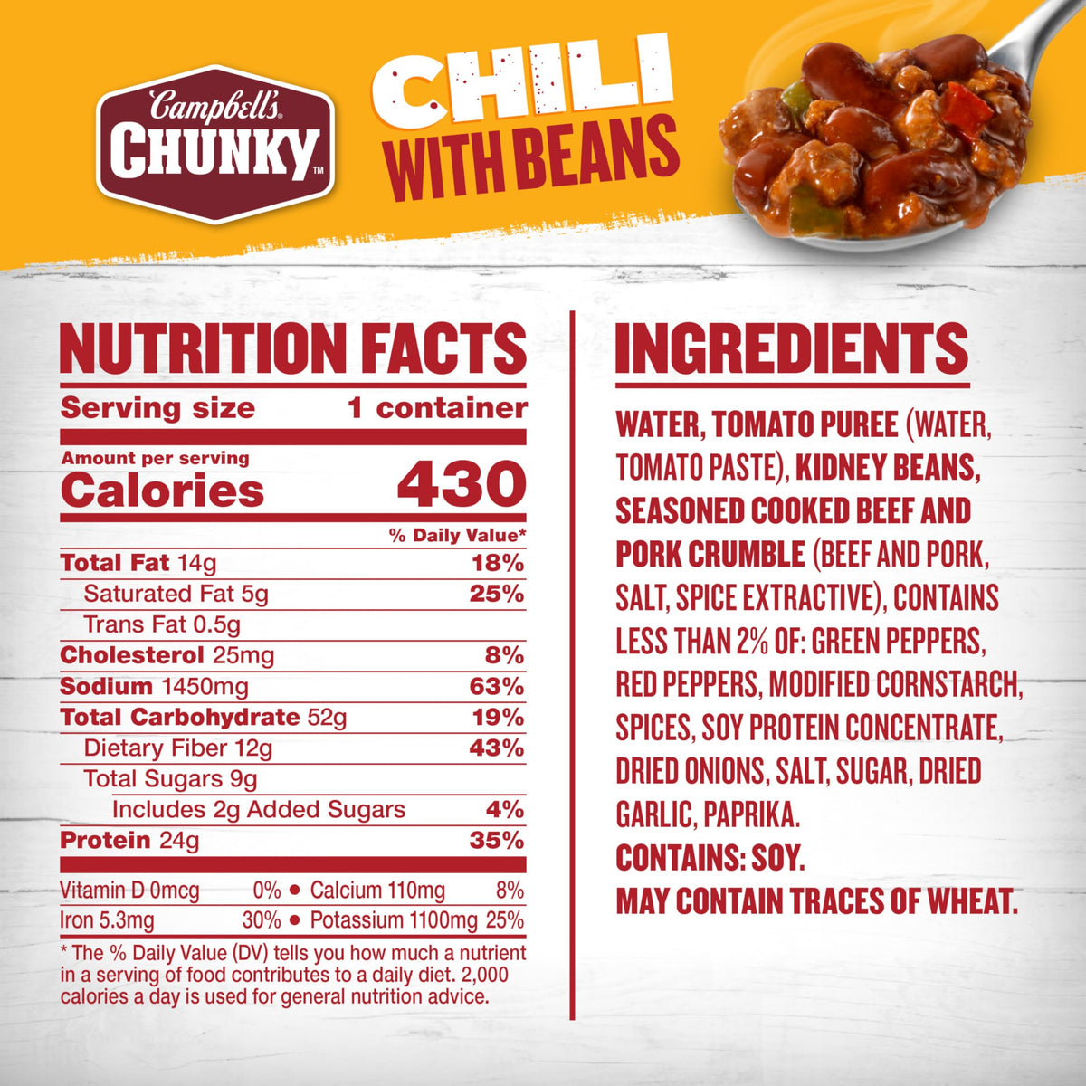 Close-up of kidney beans and beef crumble in Campbell’s Chunky Chili with Beans, protein-rich