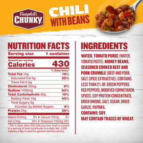 Close-up of kidney beans and beef crumble in Campbell’s Chunky Chili with Beans, protein-rich