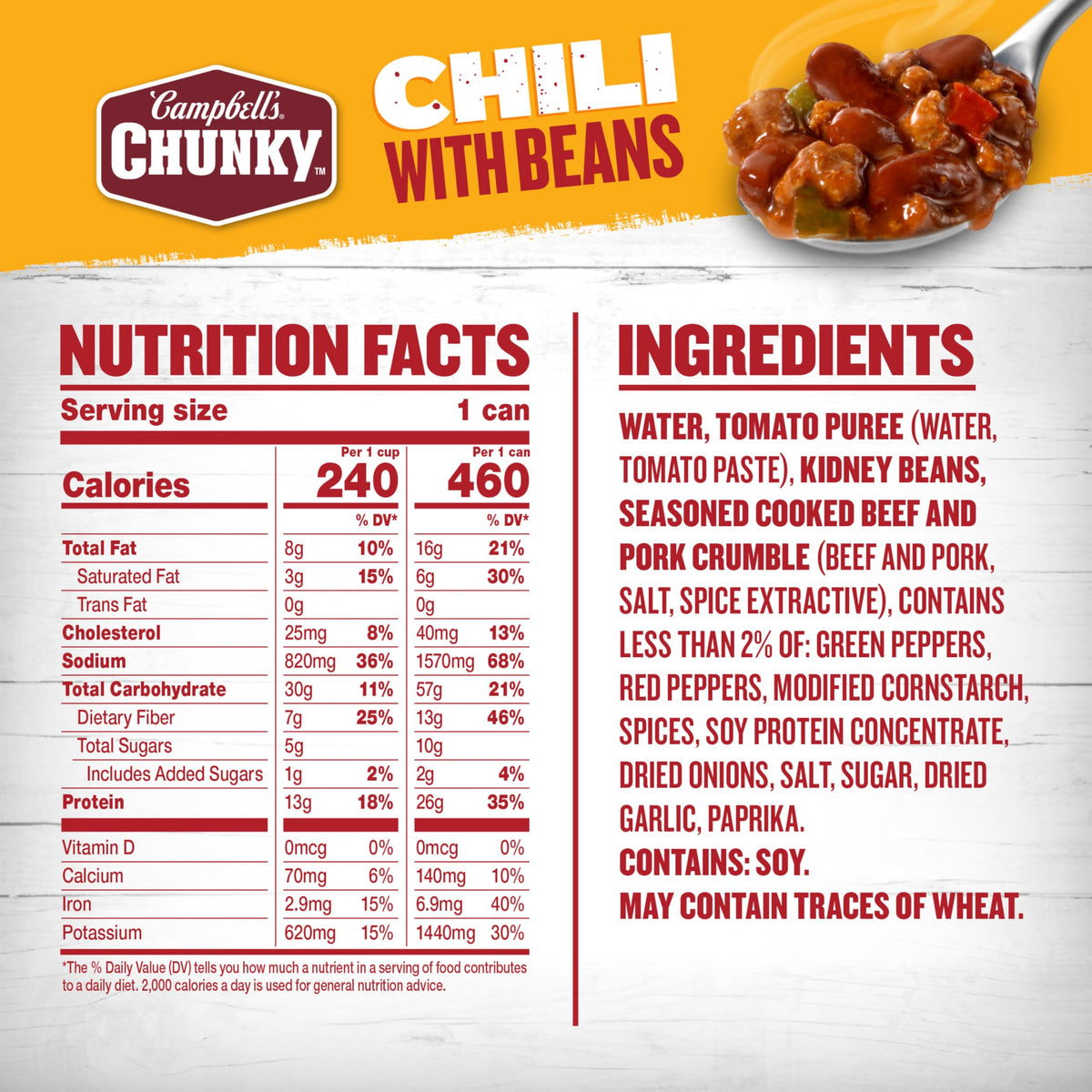 Serving bowl of Campbell's Chunky chili with beans ready to heat