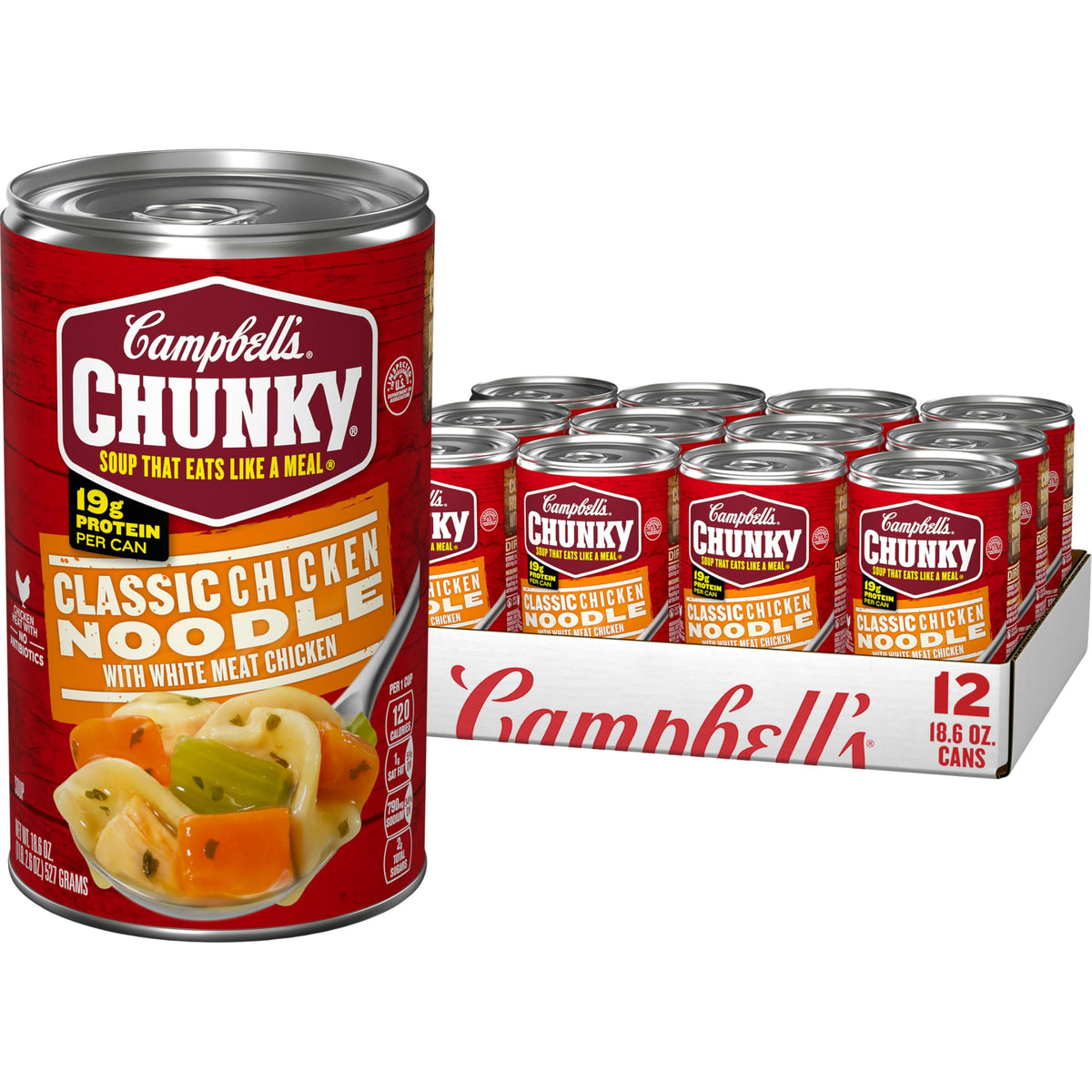 Campbell's Chunky Classic Chicken Noodle cans on shelf for quick, hearty meals