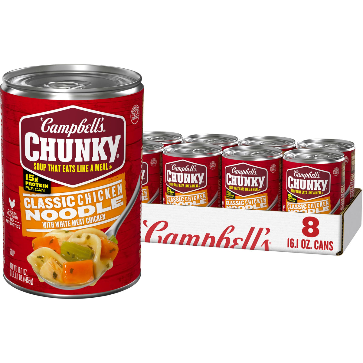 Campbell's Chunky Classic Chicken Noodle Soup can, ready for quick meals.