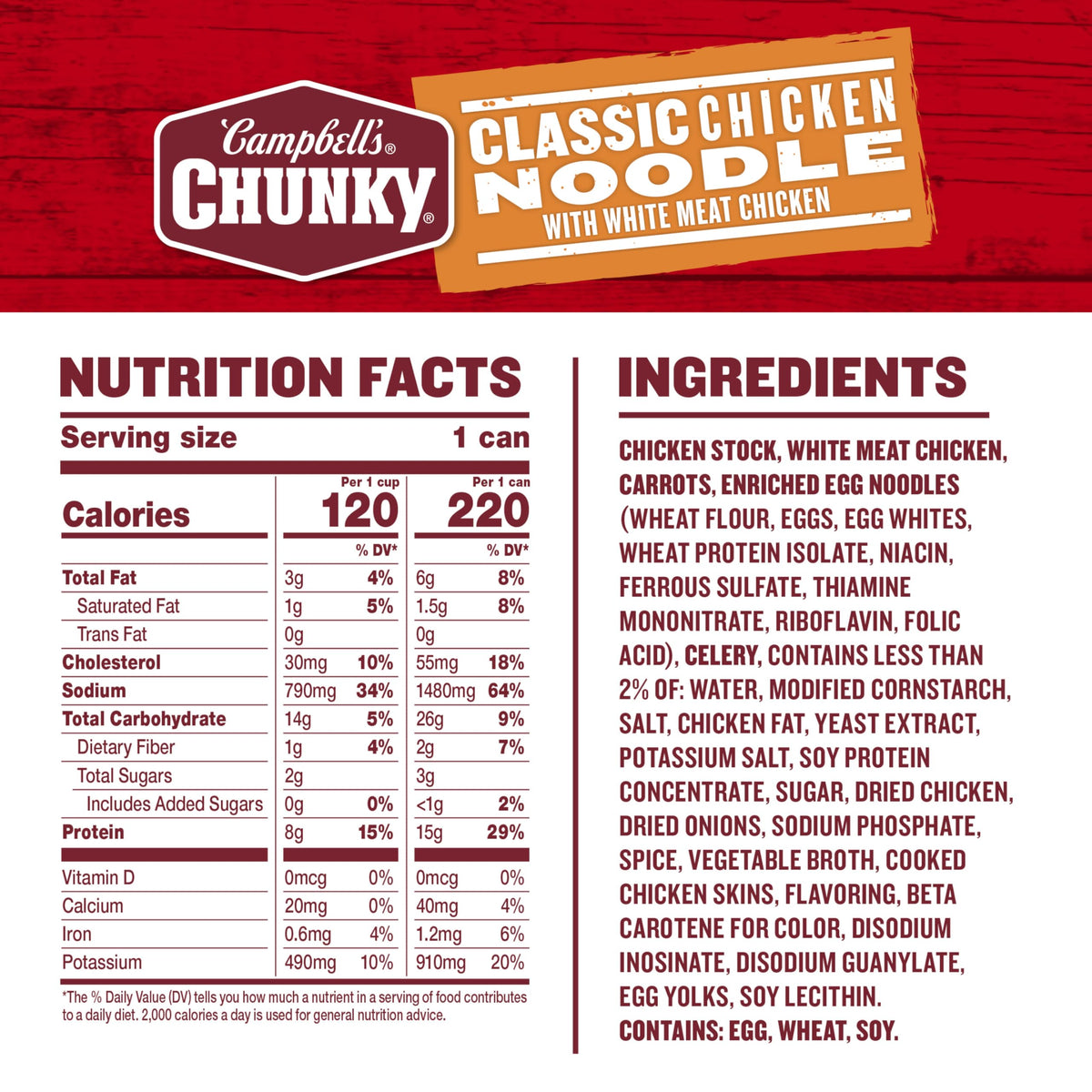 Campbell's Chunky Classic Chicken Noodle Soup ingredients featuring chicken and vegetables.