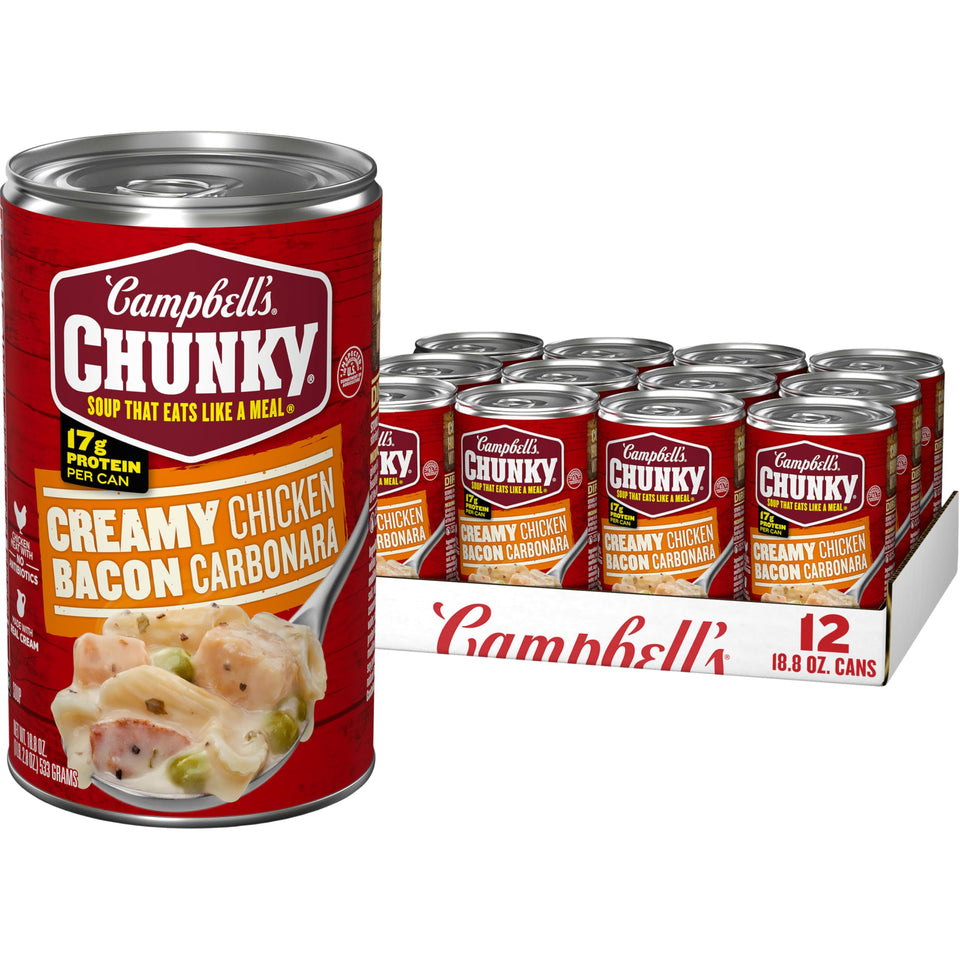 Campbell's Chunky Creamy Chicken Bacon Carbonara can front view, hearty texture ready to enjoy.