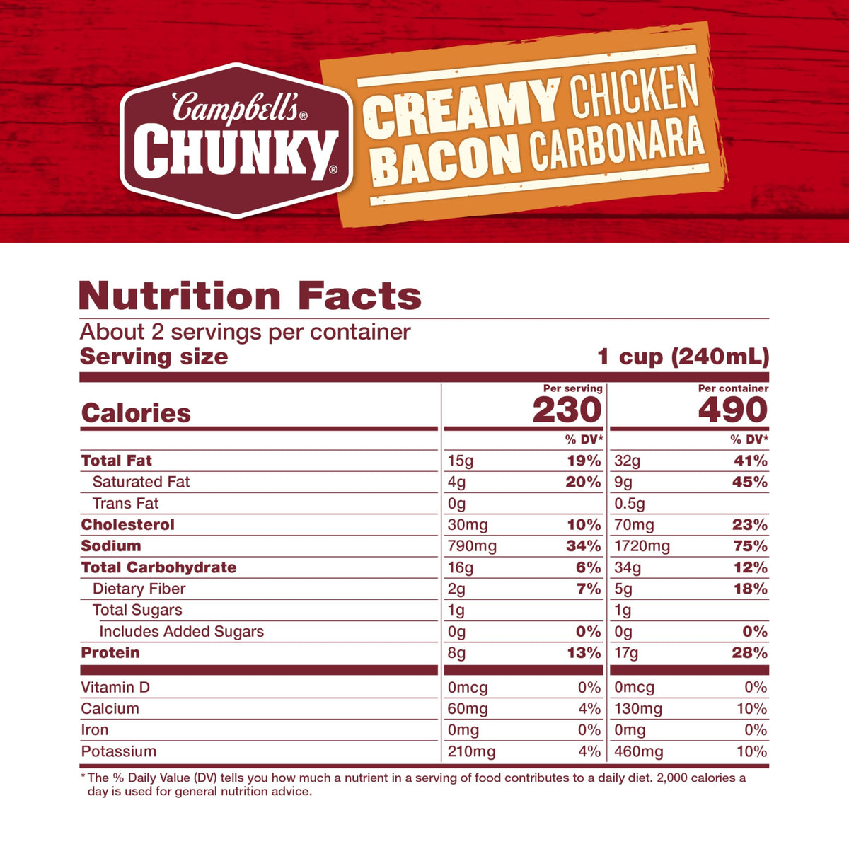 Campbell's Chunky can side view, generous chicken pieces for a satisfying meal.