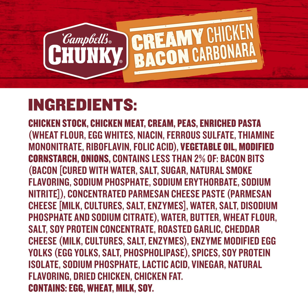 Ingredient closeup shows bacon bits and enriched pasta in Campbell's Chunky soup.