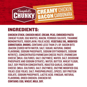 Ingredient closeup shows bacon bits and enriched pasta in Campbell's Chunky soup.
