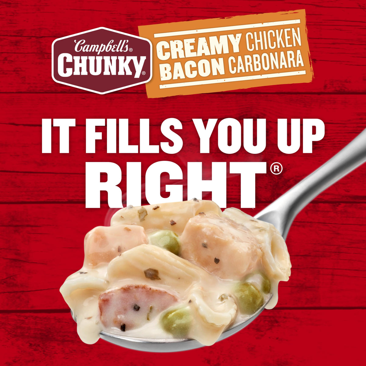 Served bowl of Campbell's Chunky Creamy Chicken Bacon Carbonara, comforting meal.