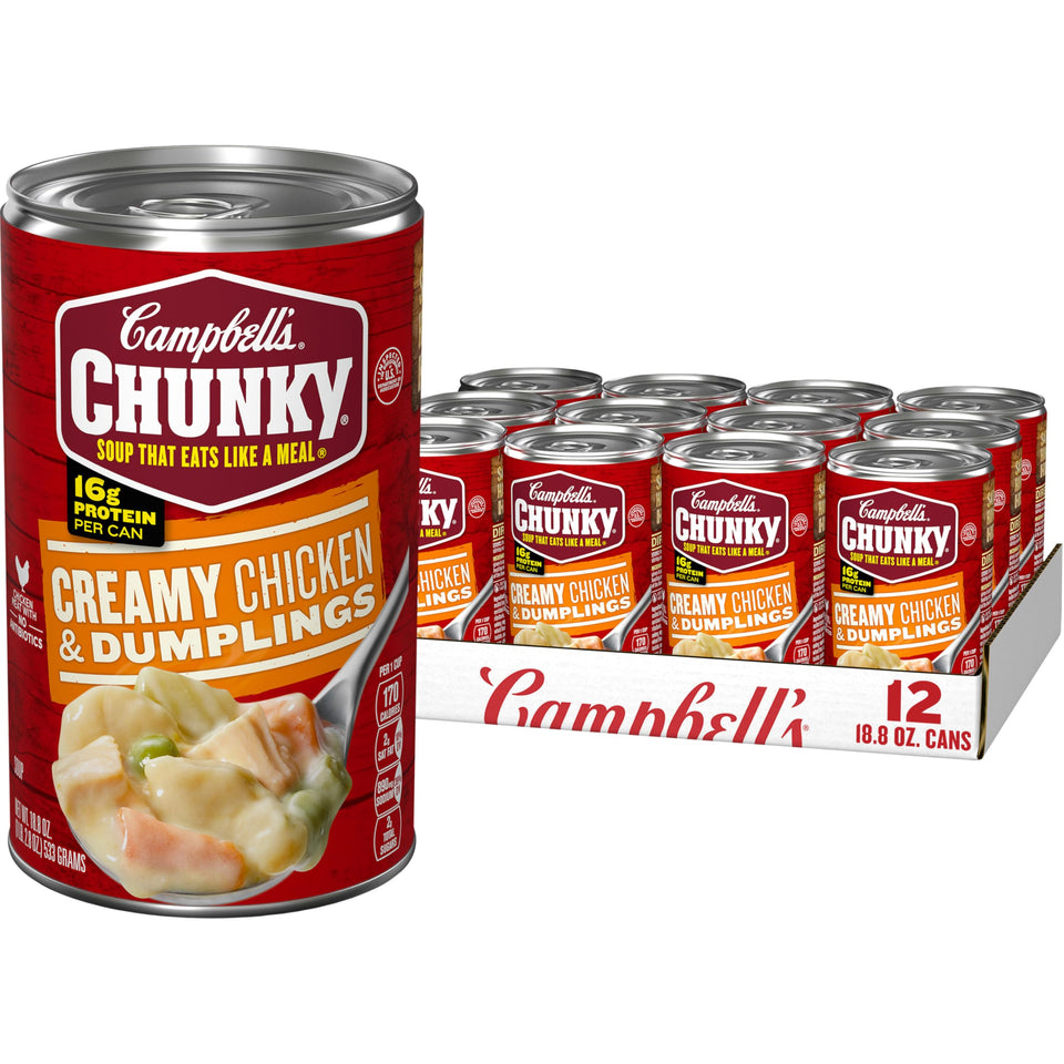 Campbell's Chunky Creamy Chicken and Dumplings cans stacked for a hearty meal option.