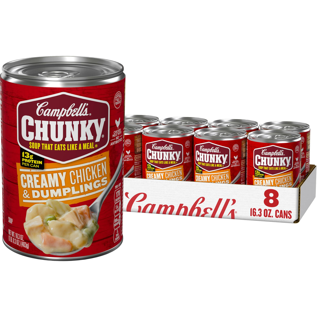 Campbell's Chunky Creamy Chicken and Dumplings soup can for a quick protein-packed lunch.
