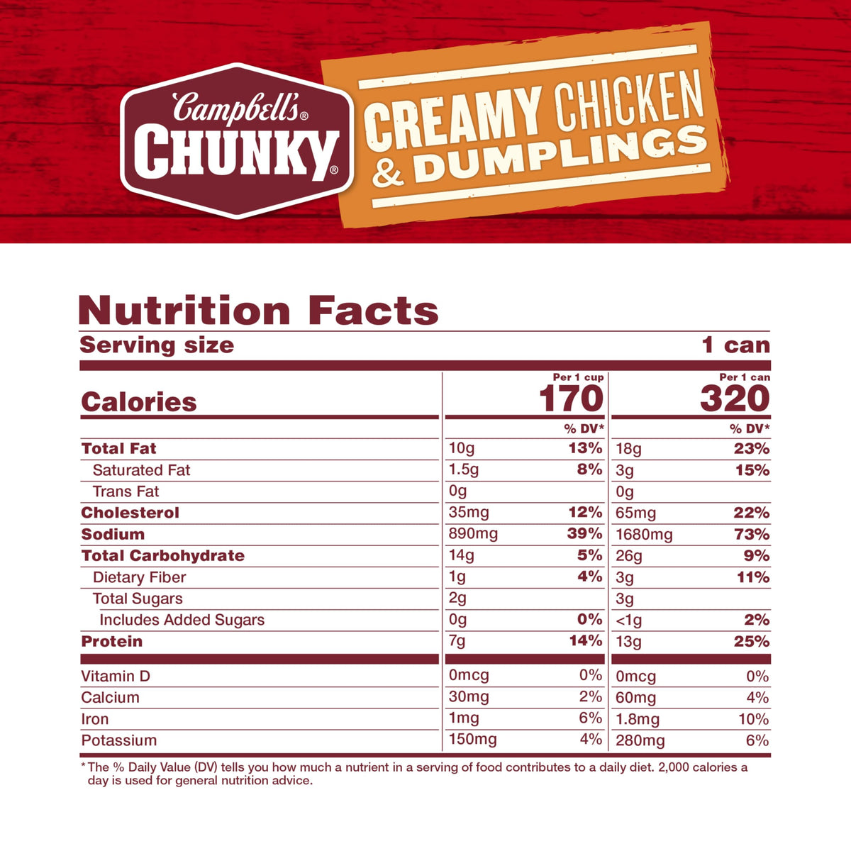 Campbell's Chunky Creamy Chicken and Dumplings soup serving bowl ready to heat and serve.