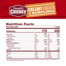 Campbell's Chunky Creamy Chicken and Dumplings soup serving bowl ready to heat and serve.