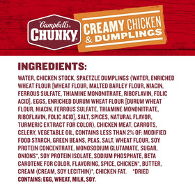 Campbell's Chunky Creamy Chicken and Dumplings steaming bowl, ready in minutes.