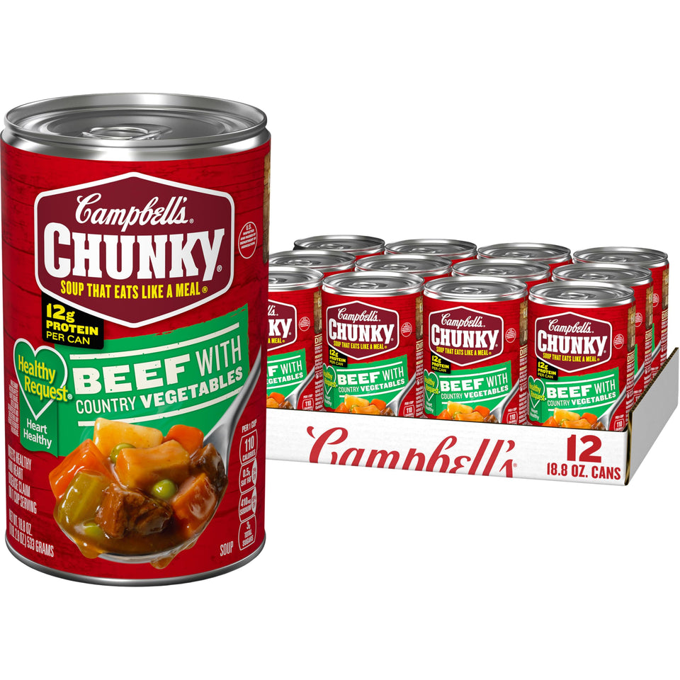 Campbell’s Chunky Healthy Request Beef Soup with Country Vegetables can showing hearty beef and vegetables.