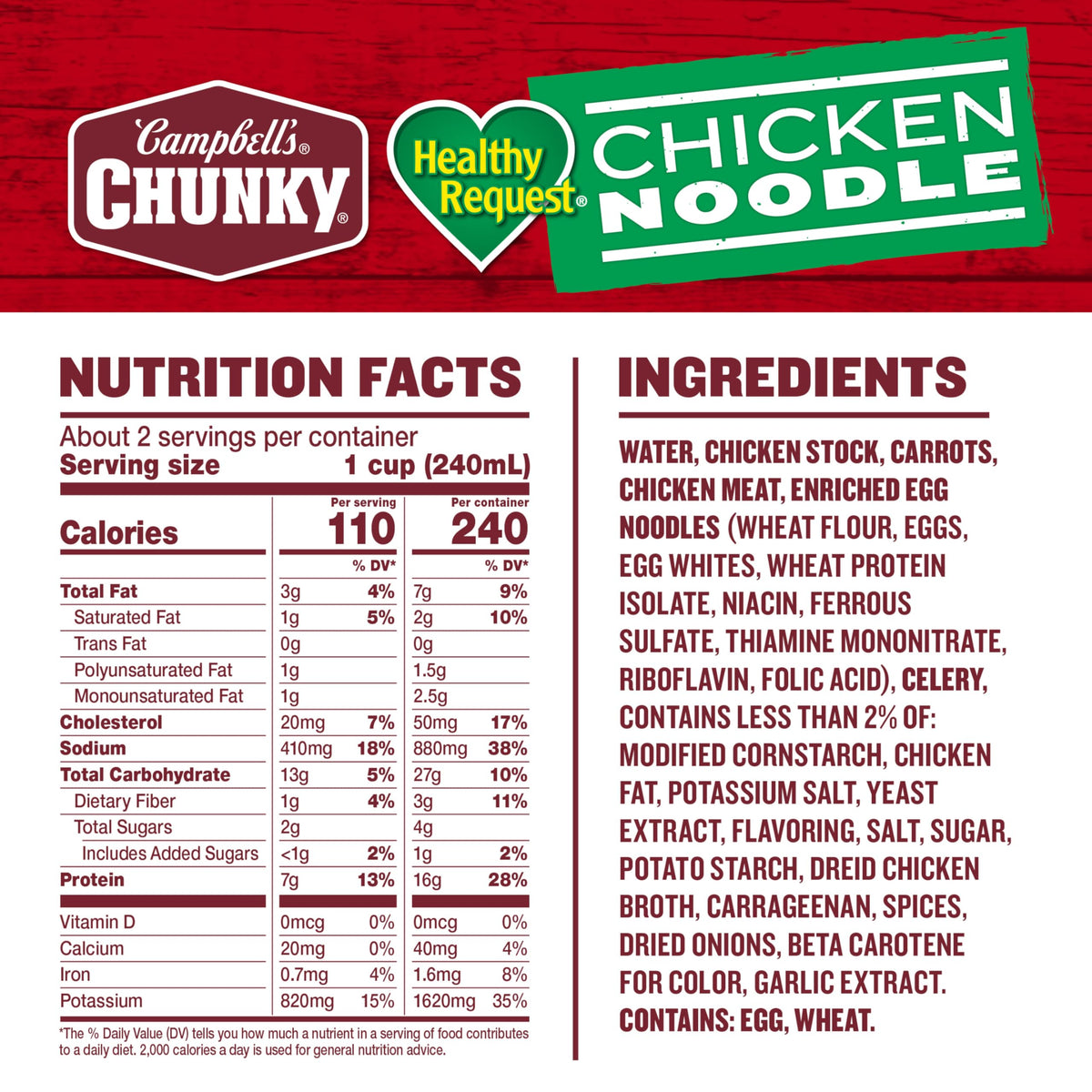 Steaming bowl of Campbell's Chunky Healthy Request chicken noodle soup with hearty chunks.
