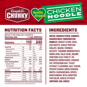 Steaming bowl of Campbell's Chunky Healthy Request chicken noodle soup with hearty chunks.