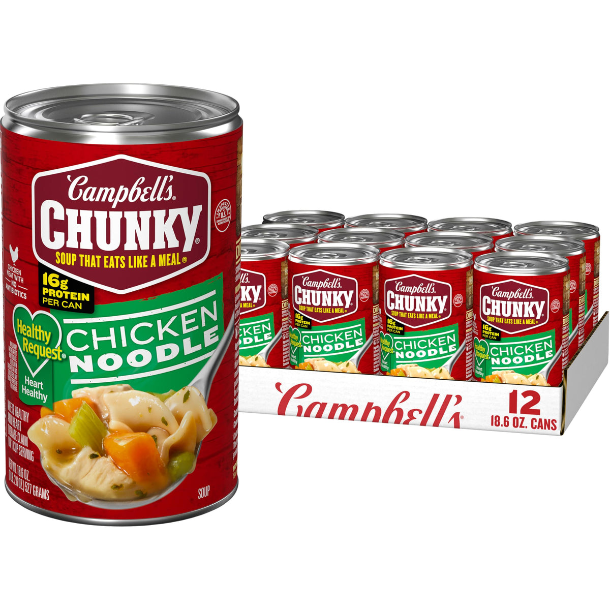 Campbell's Chunky Healthy Request chicken noodle soup can on shelf, protein-packed comfort.