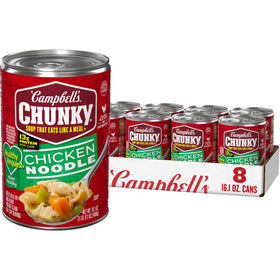 Campbell's Chunky Healthy Request Chicken Noodle Soup can showing protein-packed comfort