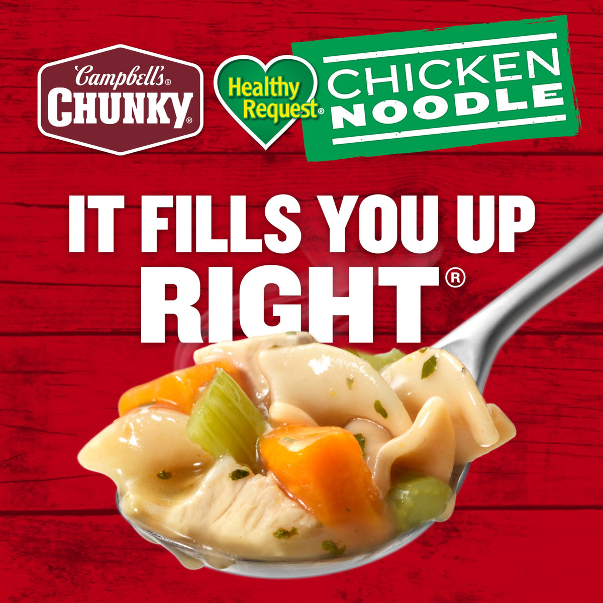 12-pack carton display of Campbell's Chunky Healthy Request Chicken Noodle Soup.