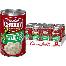 Campbell's Chunky Healthy Request clam chowder can front view; protein-rich option for quick meals.