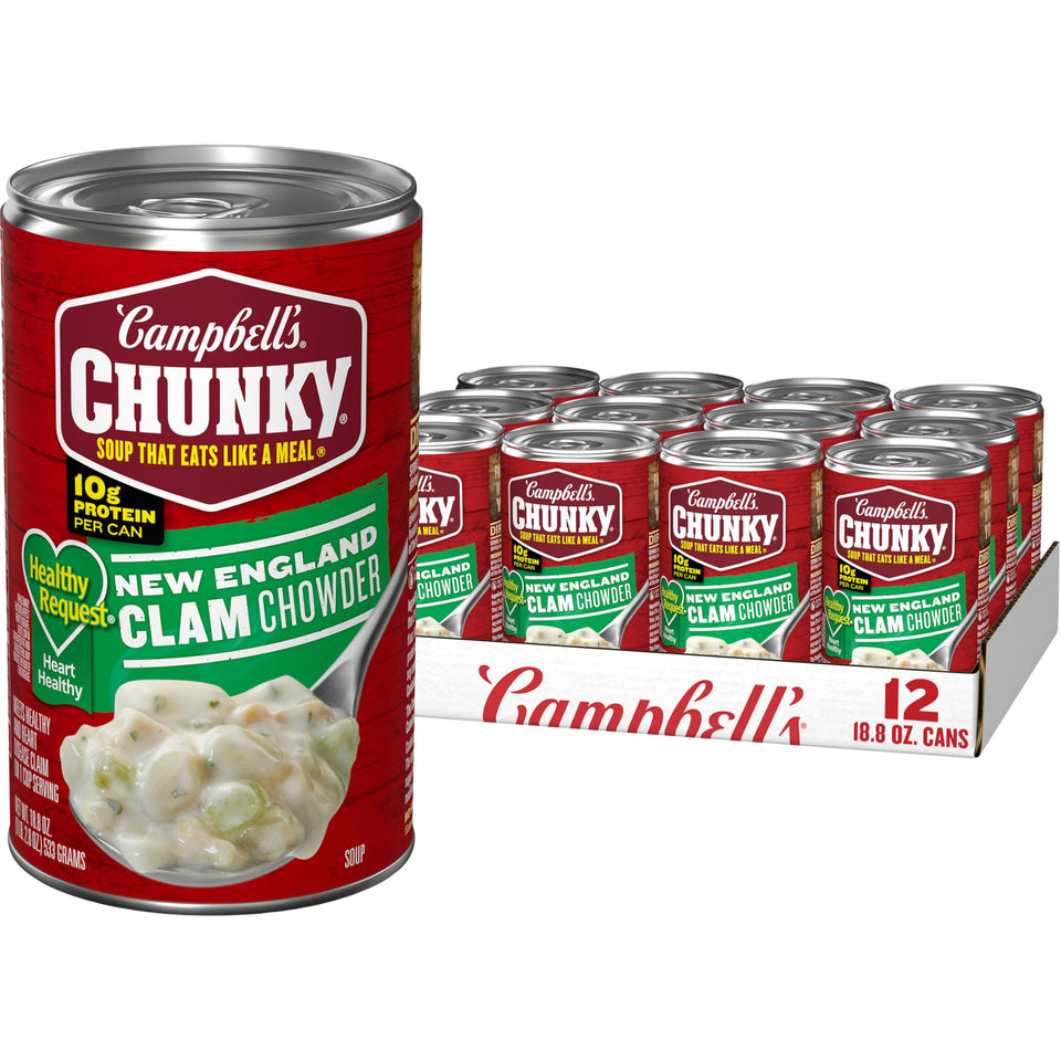 Campbell's Chunky Healthy Request clam chowder can front view; protein-rich option for quick meals.