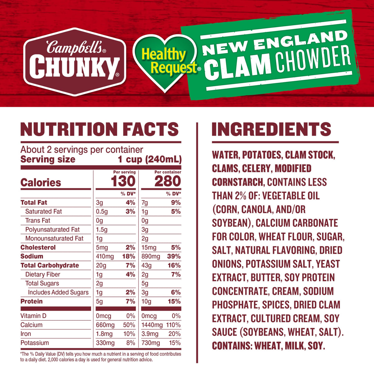 Campbell's Chunky Healthy Request clam chowder can side angle; convenient pantry staple for weeknights.
