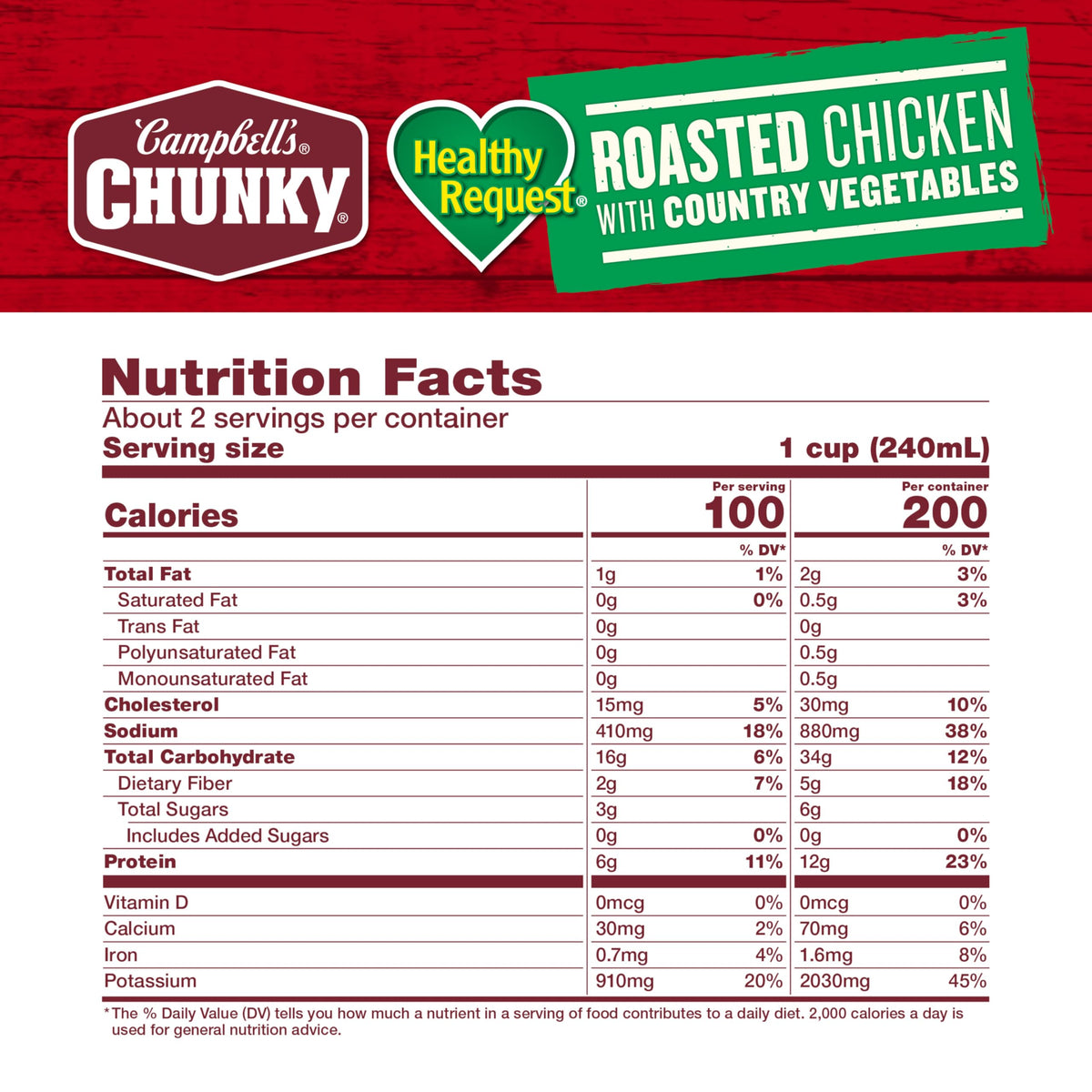 Campbell's Chunky Roasted Chicken country vegetables can back view with nutrition details
