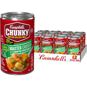 Campbell's Chunky Roasted Chicken with Country Vegetables front view shows a hearty protein option for lunch
