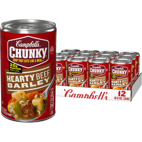 Campbell’s Chunky beef and barley close-up shows beef chunks and barley for a hearty meal