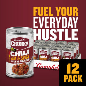 Campbell's Chunky chili with beans close-up reveals hearty beans and meat texture