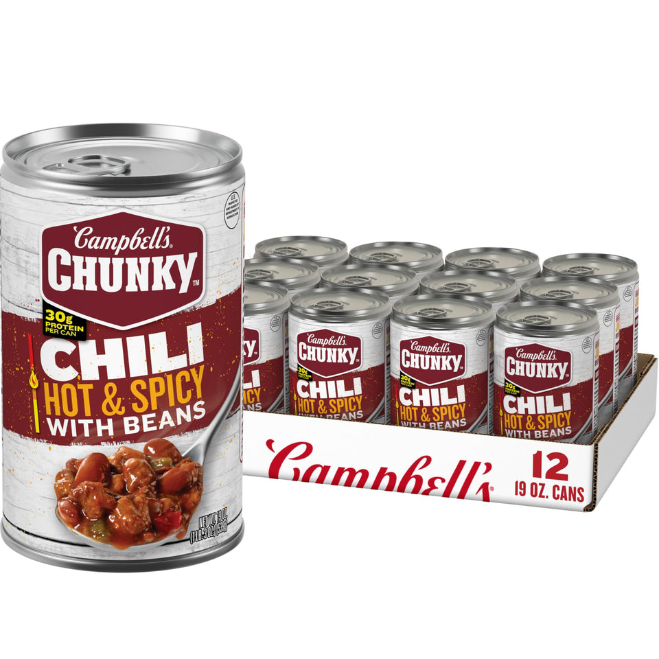 Campbell's Chunky Hot & Spicy Chili with Beans can label showing bold flavor