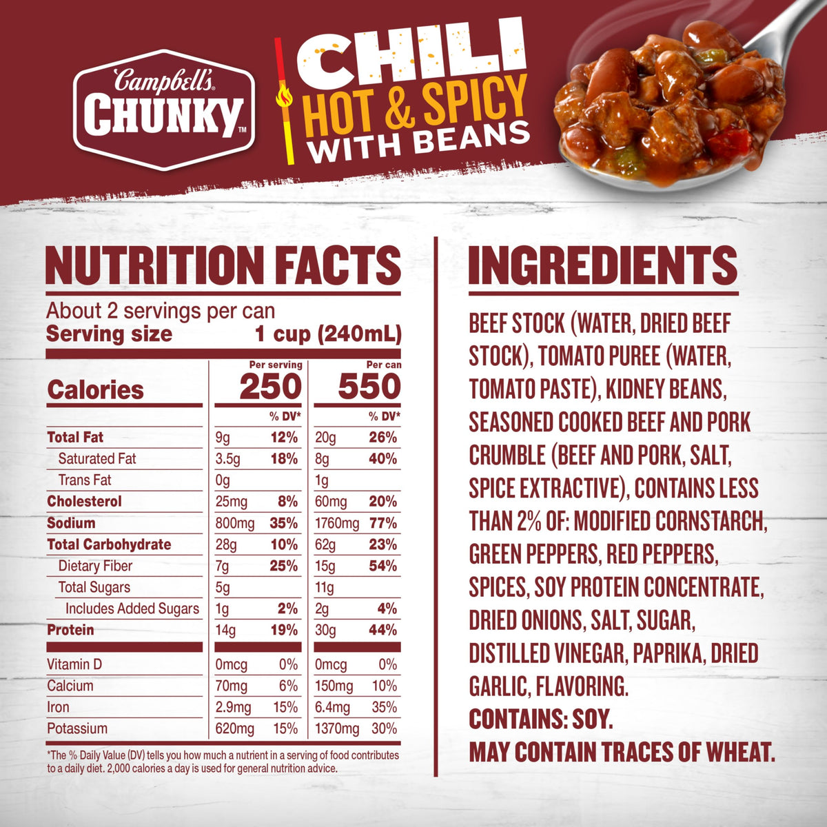 Campbell's Chunky 12-count packaging emphasizes recyclable cans for easy disposal