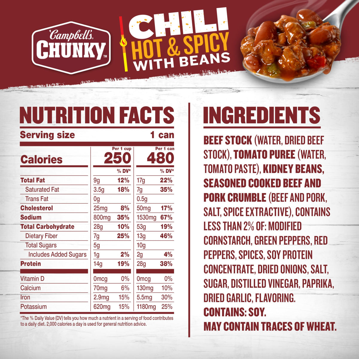 Campbell’s Chunky hot and spicy chili bowl with hearty texture and peppers.