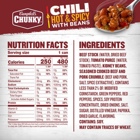 Campbell’s Chunky hot and spicy chili bowl with hearty texture and peppers.