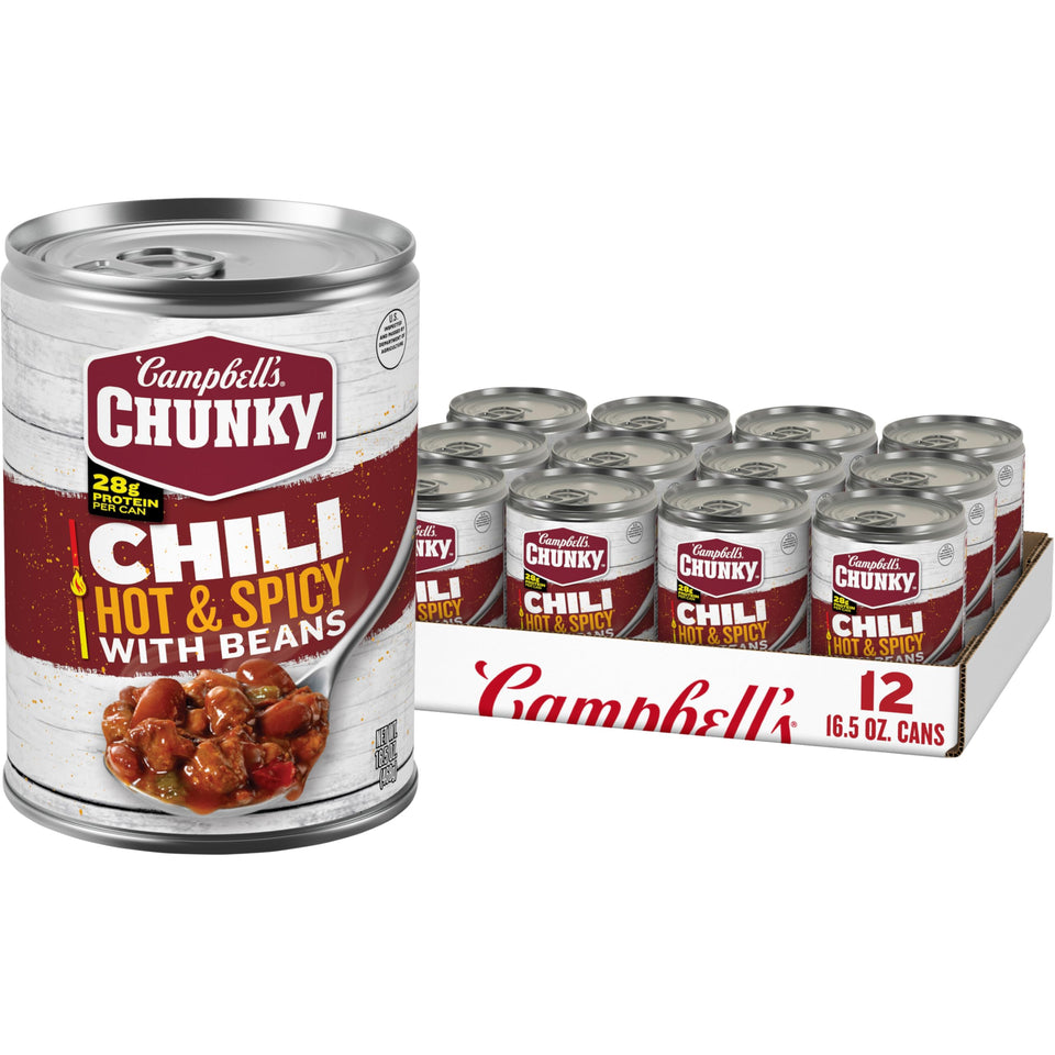 Campbell’s Chunky hot and spicy chili with beans can showing bold flavor.