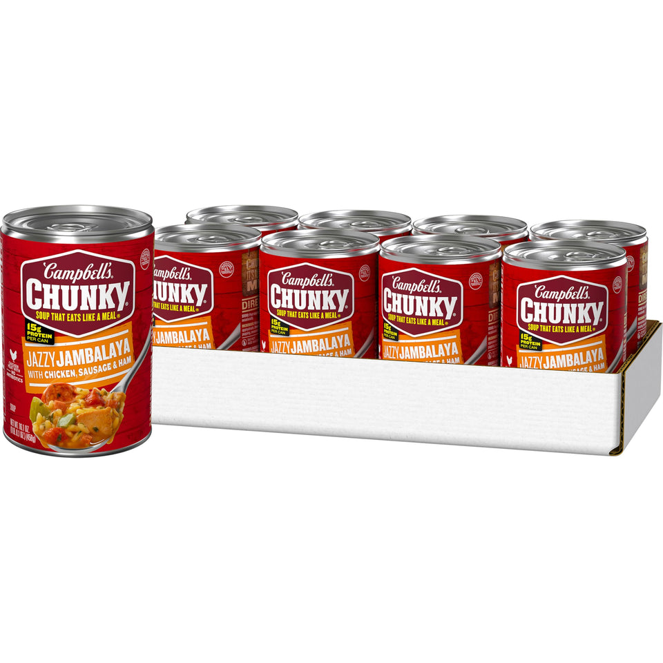 Campbell’s Chunky Jazzy Jambalaya can front view for a hearty ready-to-eat meal.