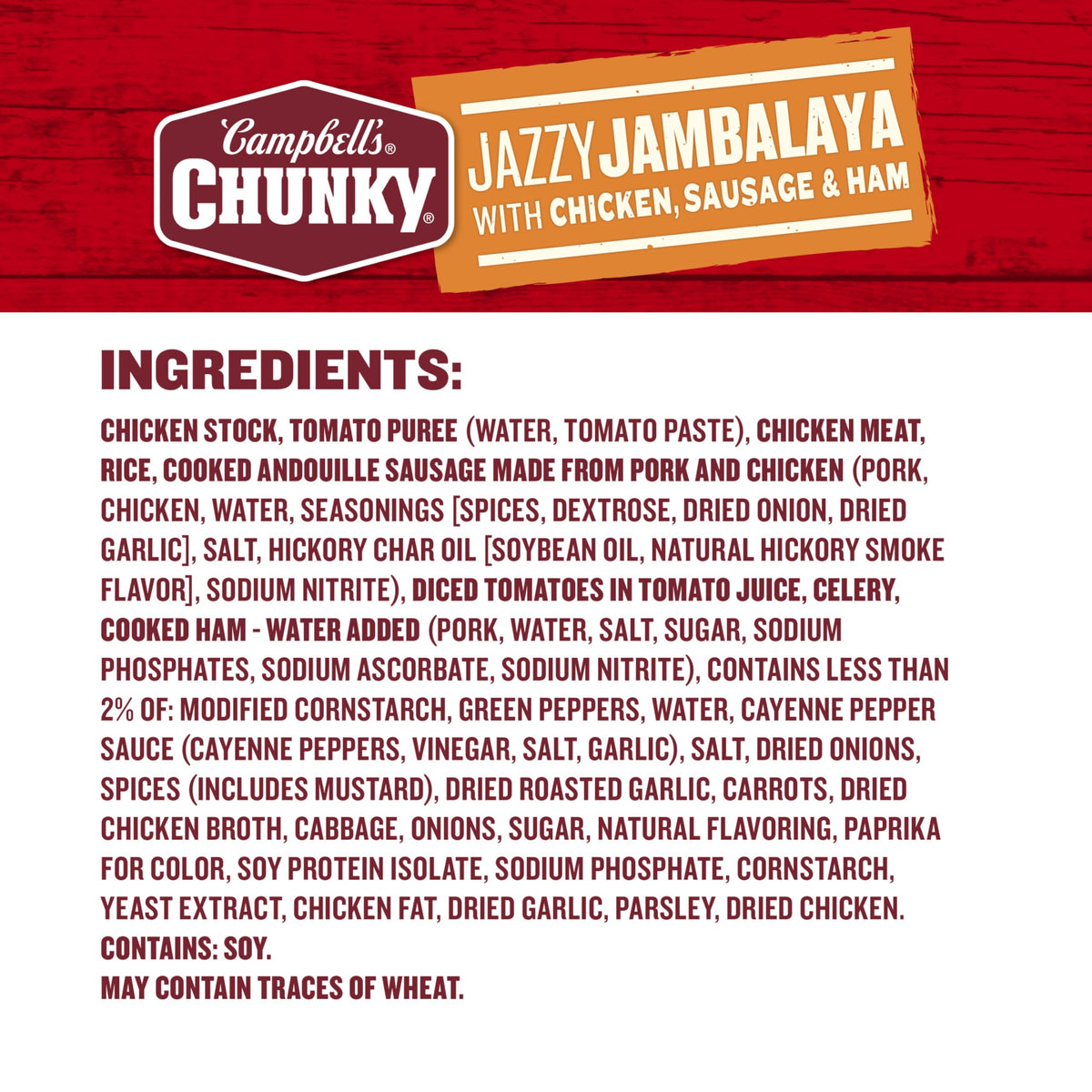 Campbell’s Jazzy Jambalaya protein close-up shows 15 grams per can.