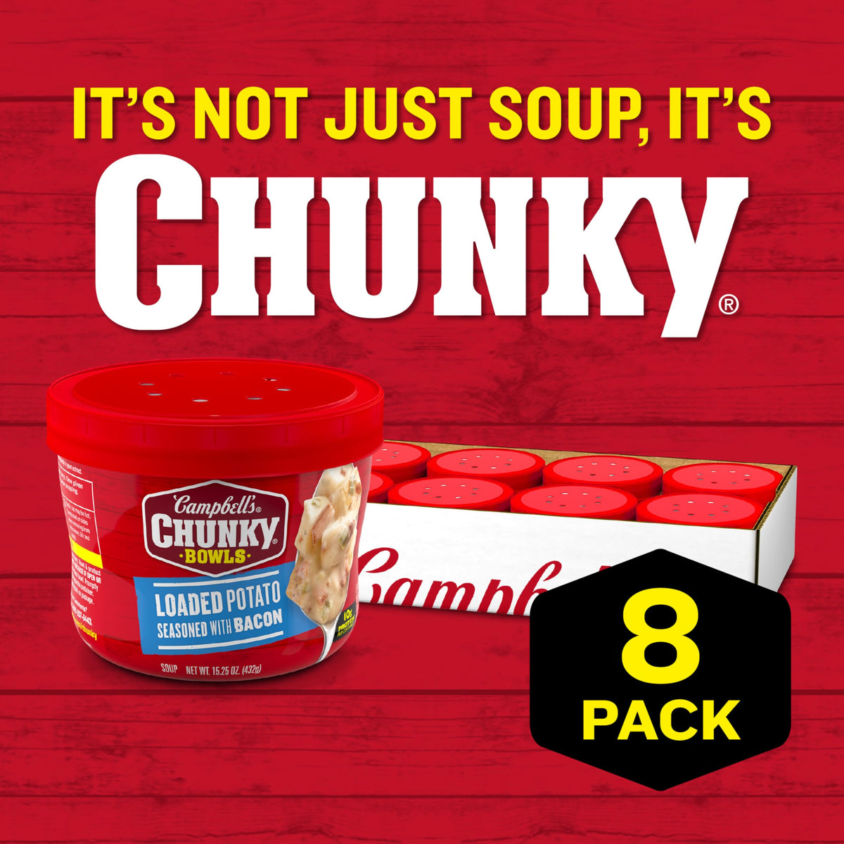 Creamy soup surface with bacon ribbons in Campbell's Chunky Loaded Potato with Bacon.