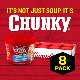 Creamy soup surface with bacon ribbons in Campbell's Chunky Loaded Potato with Bacon.