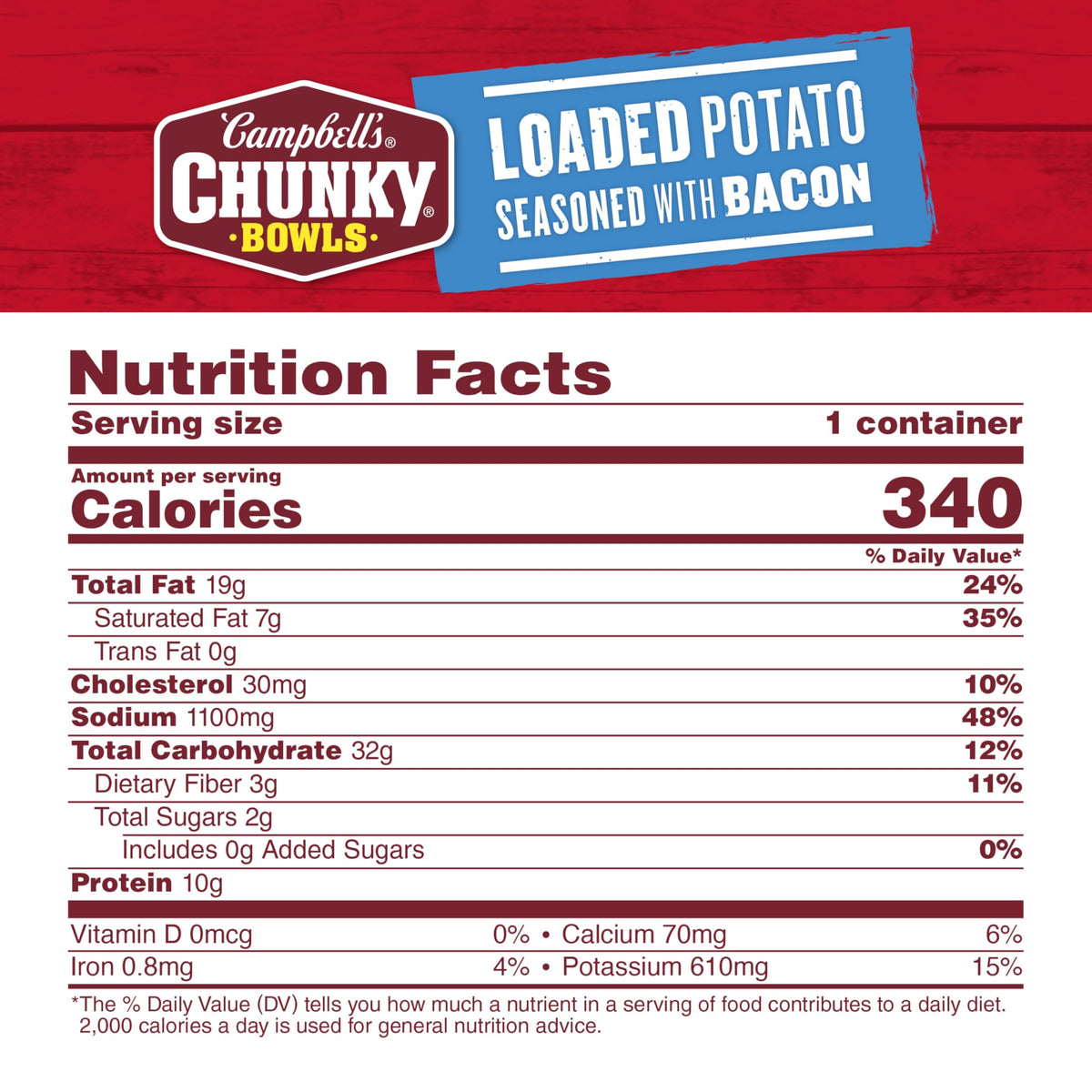 Eight-bowl case packaging of Campbell's Chunky Loaded Potato with Bacon.