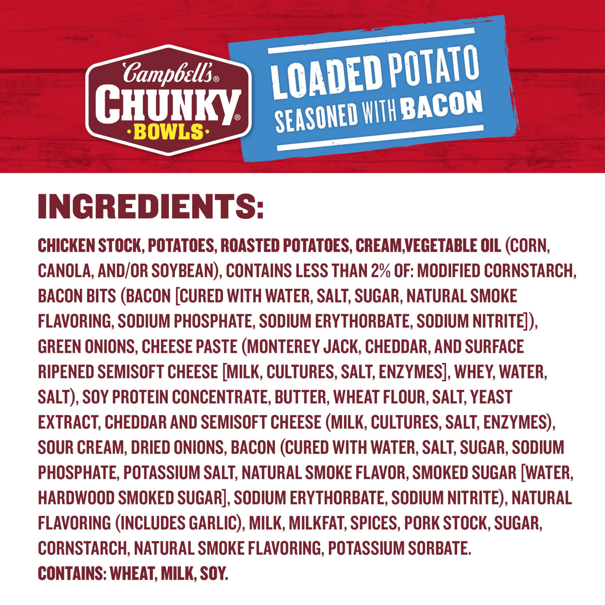 Steam rising from a hot Campbell's Chunky Loaded Potato with Bacon bowl.