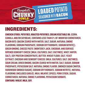 Steam rising from a hot Campbell's Chunky Loaded Potato with Bacon bowl.