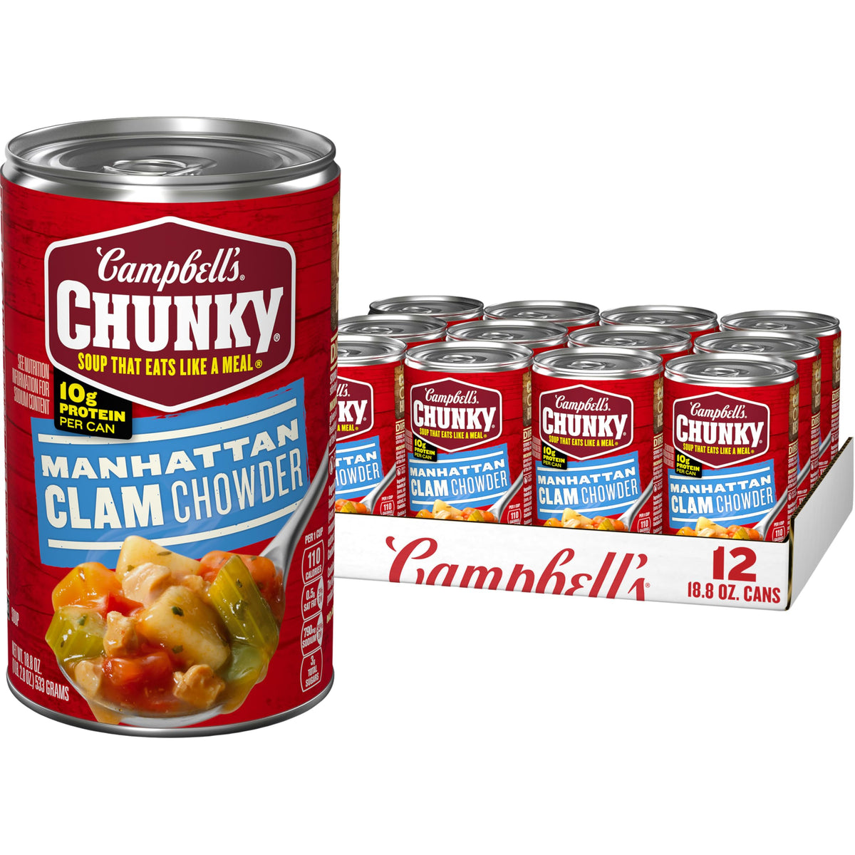 Campbell's Chunky Manhattan Clam Chowder can, ready for a quick, hearty meal.