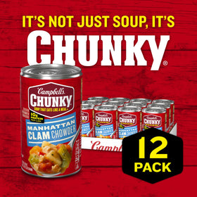 Camp Campbell's Chunky Manhattan Clam Chowder ingredients with large clam and potato pieces.