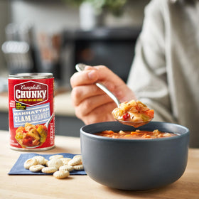 A bowl of Campbell's Chunky Manhattan Clam Chowder ready to serve.