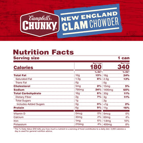 Campbell's Chunky New England Clam Chowder can closeup highlighting protein-rich serving.
