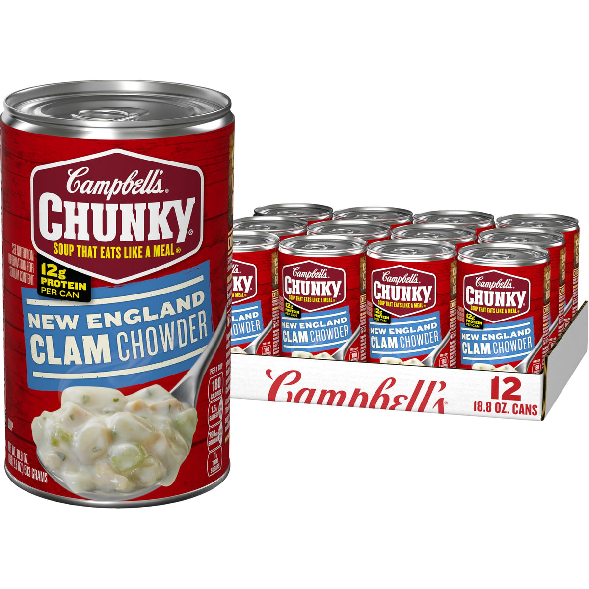 Campbell's Chunky New England Clam Chowder can with hearty clams and potatoes, a satisfying meal.