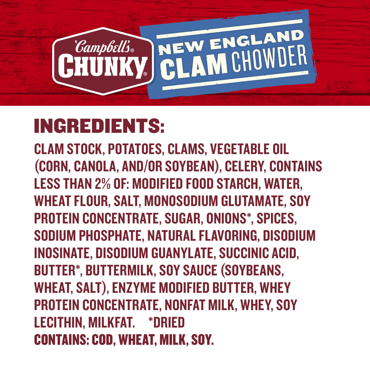 Campbell's Chunky New England Clam Chowder chunks and potatoes visible, hearty texture.